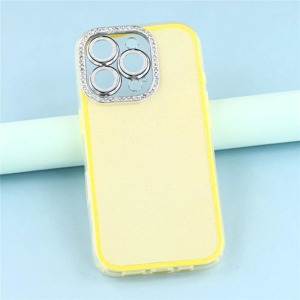 For iPhone 16 Pro Case IMD Glitter Acrylic + TPU Phone Cover with Rhinestones Acrylic Camera Lens Protector - Yellow - 6