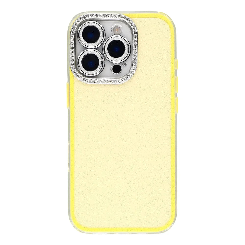 For iPhone 16 Pro Max Case IMD Glitter Acrylic + TPU Phone Cover with Rhinestones Acrylic Camera Lens Protector - Yellow - 3