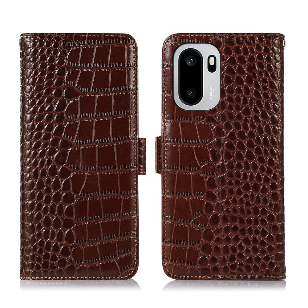 For OnePlus 15R 5G / Ace 6T 5G / Ace 6 5G Case RFID Blocking Wallet Crocodile Texture Genuine Cow Leather Phone Cover - Brown - 1