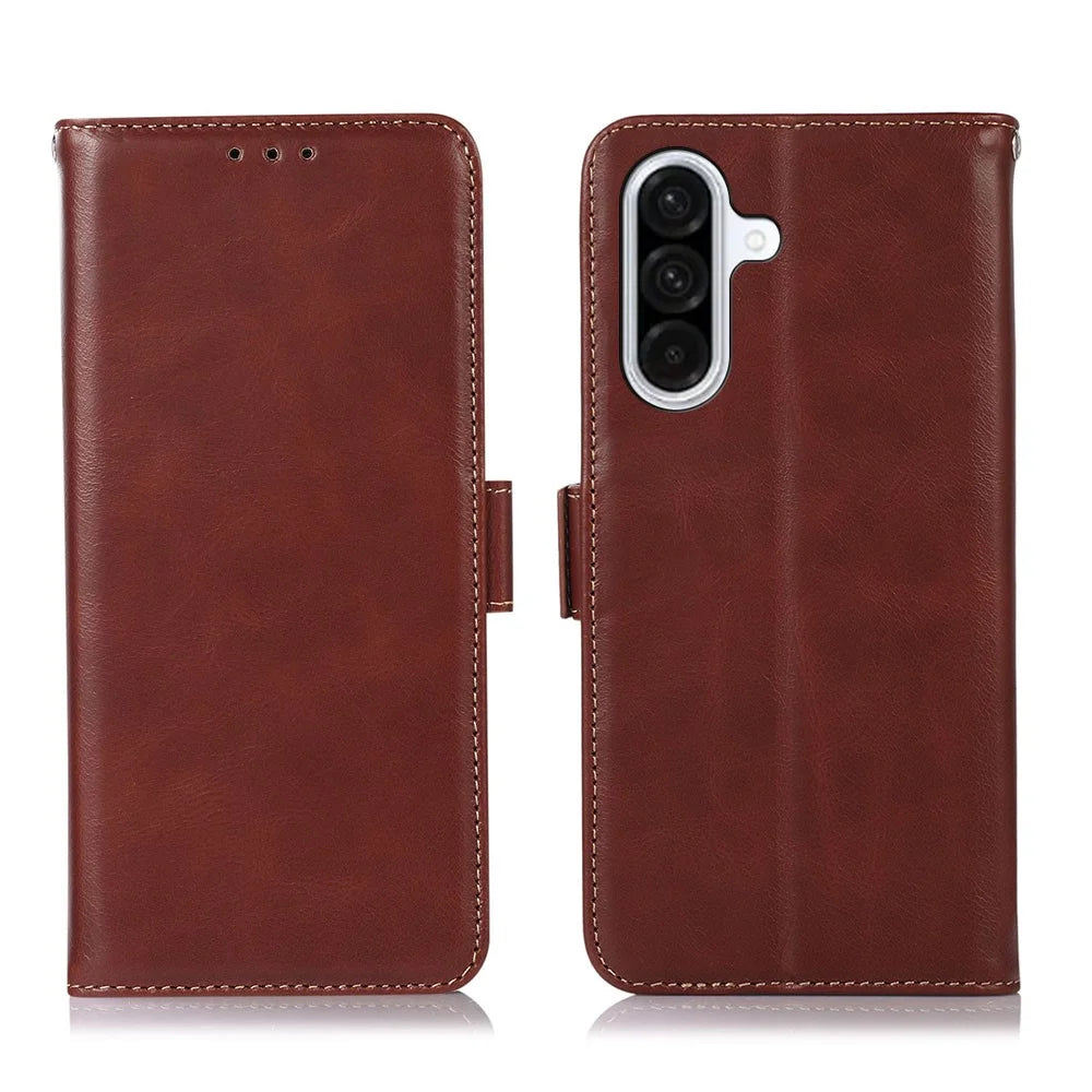 For Samsung Galaxy A37 5G Case RFID Blocking Genuine Cow Leather Wallet Phone Cover - Brown - 1