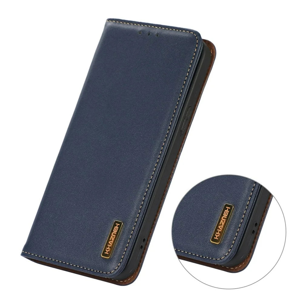 KHAZNEH For Samsung Galaxy A37 5G Case Wallet Genuine Cow Leather Phone Cover Nappa Texture - Blue - 4