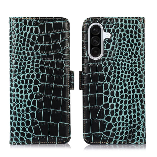 For Samsung Galaxy A37 5G Case RFID Blocking Wallet Crocodile Texture Genuine Cow Leather Phone Cover - Green - 1