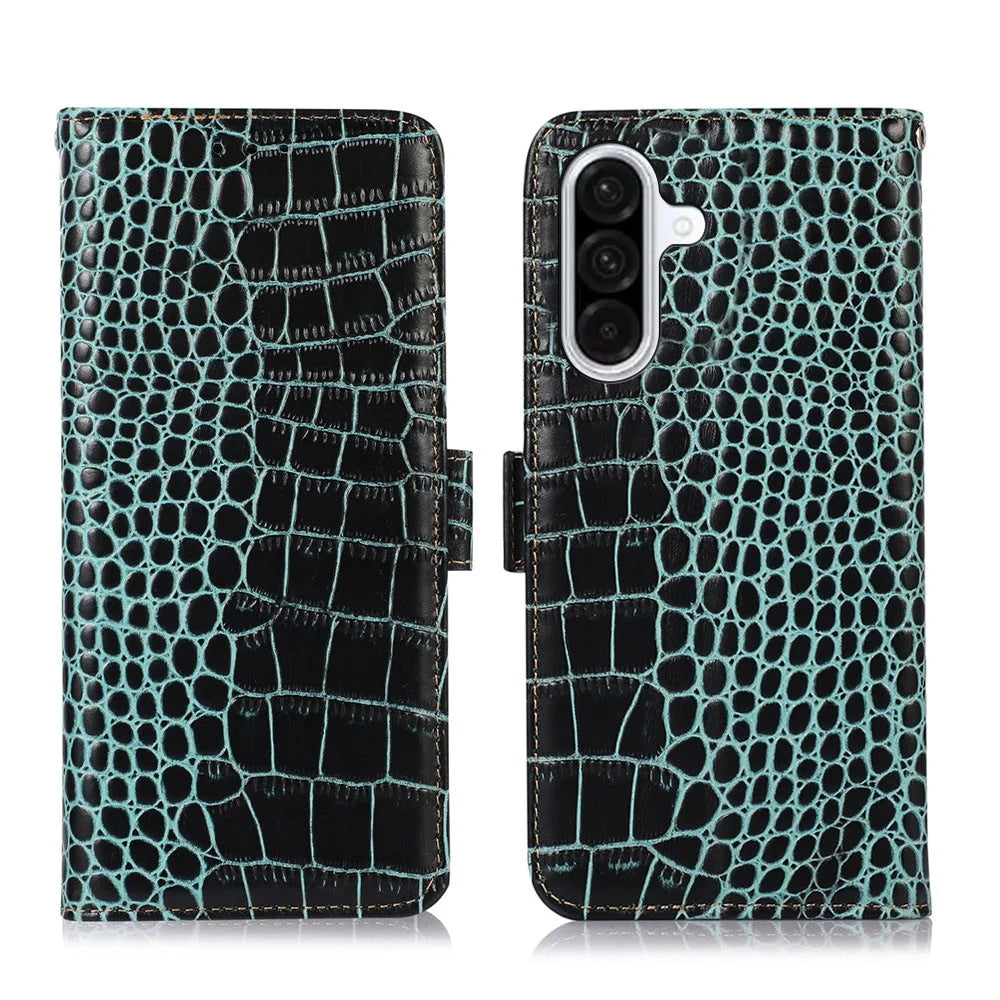 For Samsung Galaxy A37 5G Case RFID Blocking Wallet Crocodile Texture Genuine Cow Leather Phone Cover - Green - 1