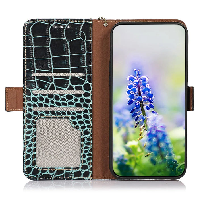 For Samsung Galaxy A37 5G Case RFID Blocking Wallet Crocodile Texture Genuine Cow Leather Phone Cover - Green - 4