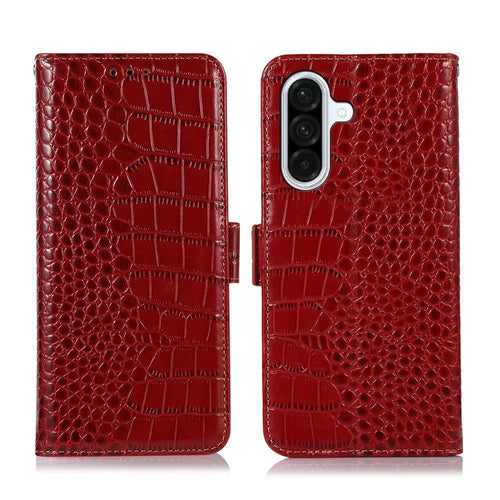For Samsung Galaxy A57 5G Case RFID Blocking Wallet Crocodile Texture Genuine Cow Leather Phone Cover - Red - 1