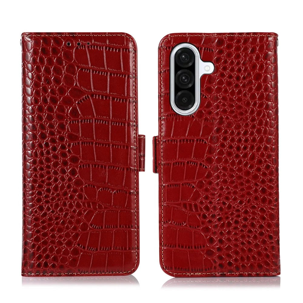 For Samsung Galaxy A57 5G Case RFID Blocking Wallet Crocodile Texture Genuine Cow Leather Phone Cover - Red - 1