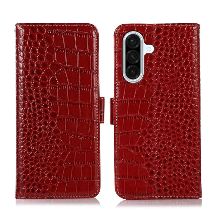 For Samsung Galaxy A57 5G Case RFID Blocking Wallet Crocodile Texture Genuine Cow Leather Phone Cover - Red - 1