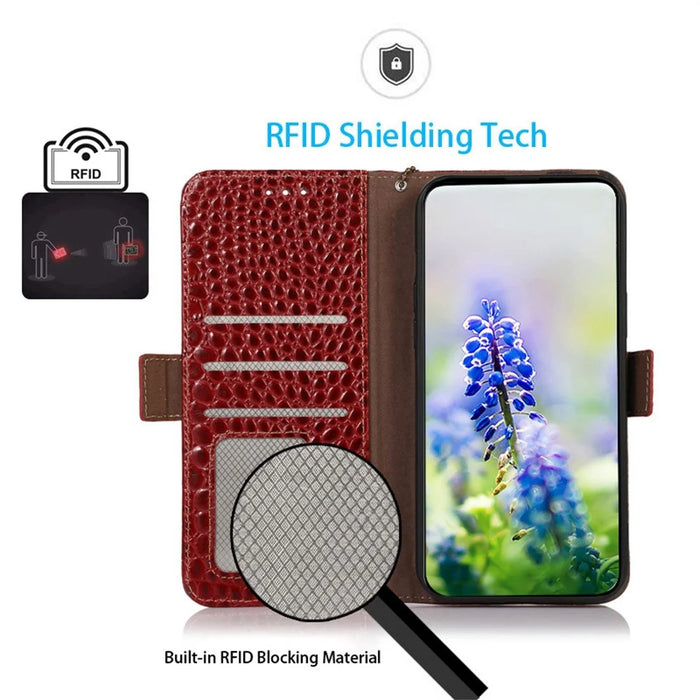 For Samsung Galaxy A57 5G Case RFID Blocking Wallet Crocodile Texture Genuine Cow Leather Phone Cover - Red - 2
