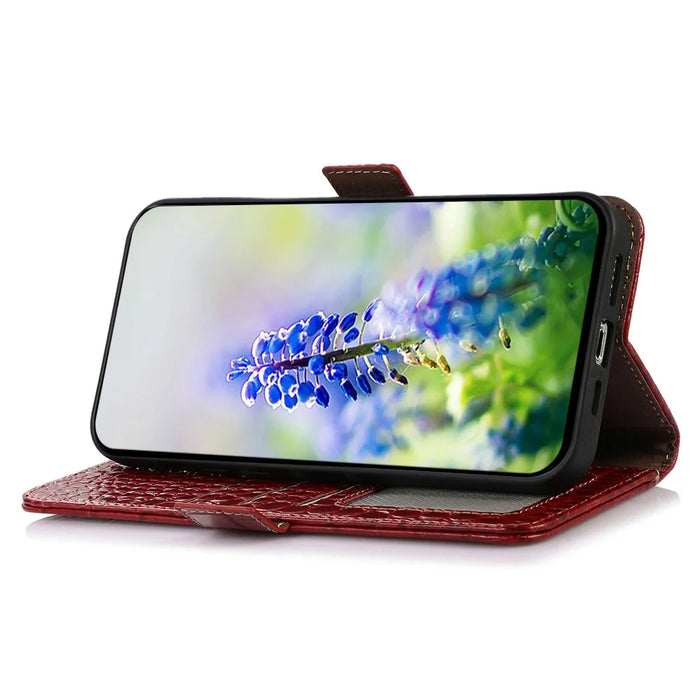 For Samsung Galaxy A57 5G Case RFID Blocking Wallet Crocodile Texture Genuine Cow Leather Phone Cover - Red - 3