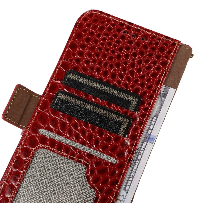 For Samsung Galaxy A57 5G Case RFID Blocking Wallet Crocodile Texture Genuine Cow Leather Phone Cover - Red - 6