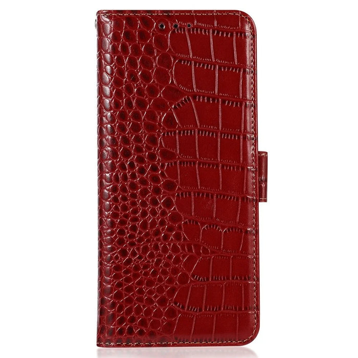 For Samsung Galaxy A57 5G Case RFID Blocking Wallet Crocodile Texture Genuine Cow Leather Phone Cover - Red - 7