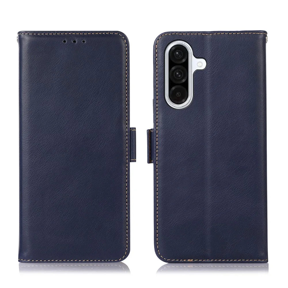 For Samsung Galaxy A57 5G Case RFID Blocking Genuine Cow Leather Wallet Phone Cover - Blue - 1