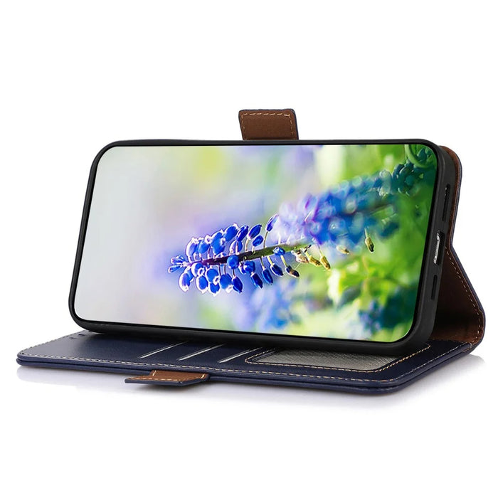 For Samsung Galaxy A57 5G Case RFID Blocking Genuine Cow Leather Wallet Phone Cover - Blue - 3