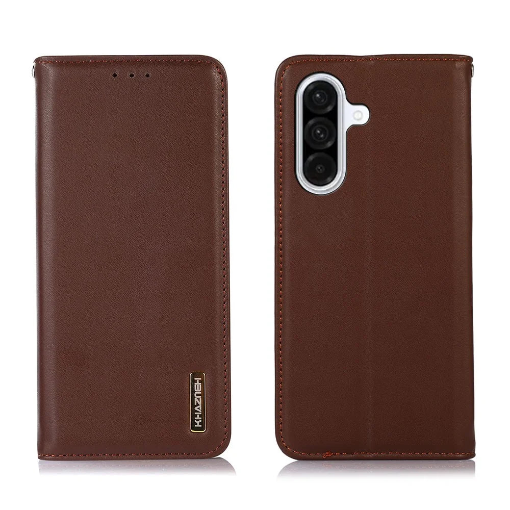 KHAZNEH For Samsung Galaxy A57 5G Case Wallet Genuine Cow Leather Phone Cover Nappa Texture - Brown - 1