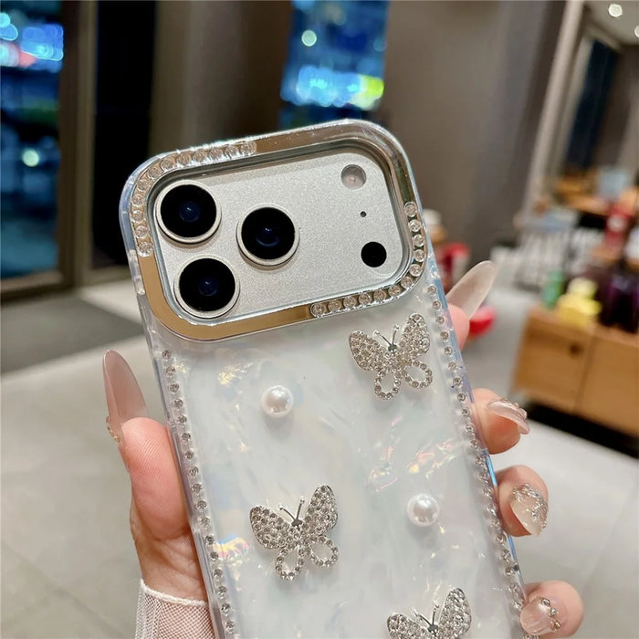 For iPhone 17 Pro Max Case Shell Texture Butterfly Pearl Rhinestone Decor PC + TPU Phone Cover - Small Butterfly - 4