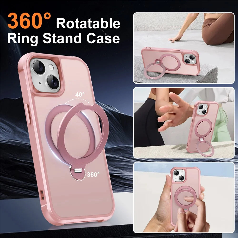 For iPhone 14 Case Compatible with MagSafe Kickstand TPU PC Shockproof Phone Back Cover - Pink - 7