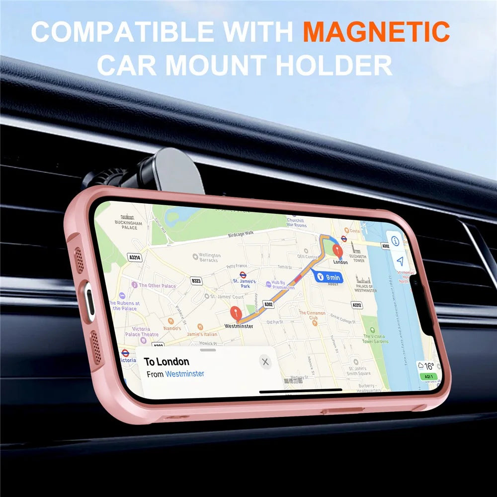 For iPhone 13 Case Compatible with MagSafe Kickstand TPU PC Shockproof Phone Back Cover - Pink - 5