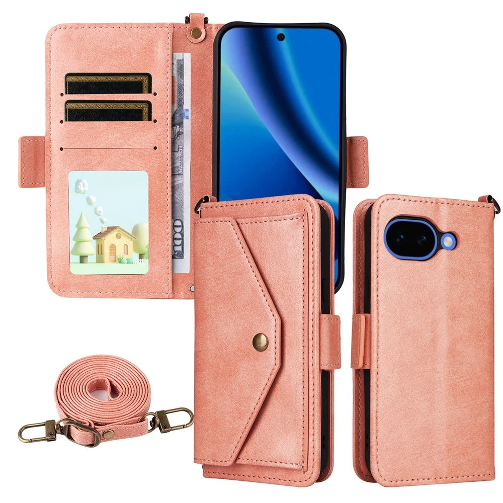 For Google Pixel 10a Leather Case Magnetic Closure Wallet Stand Phone Cover with Crossbody Strap - Pink - 1