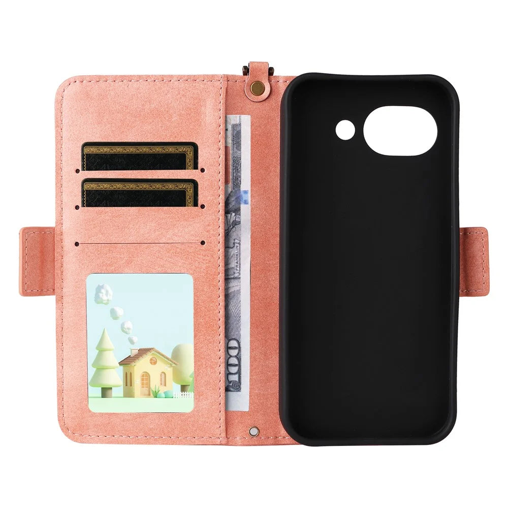 For Google Pixel 10a Leather Case Magnetic Closure Wallet Stand Phone Cover with Crossbody Strap - Pink - 2