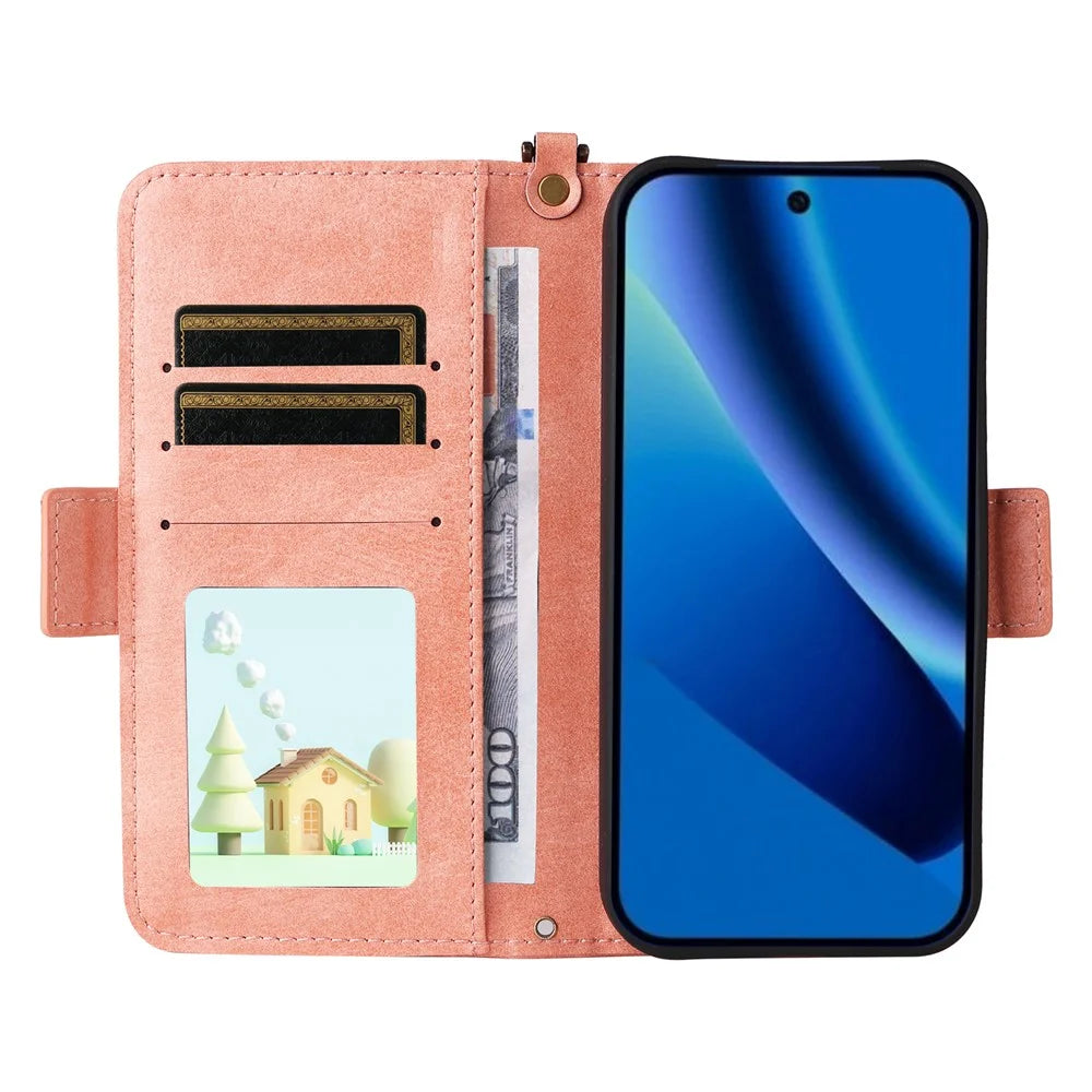 For Google Pixel 10a Leather Case Magnetic Closure Wallet Stand Phone Cover with Crossbody Strap - Pink - 3
