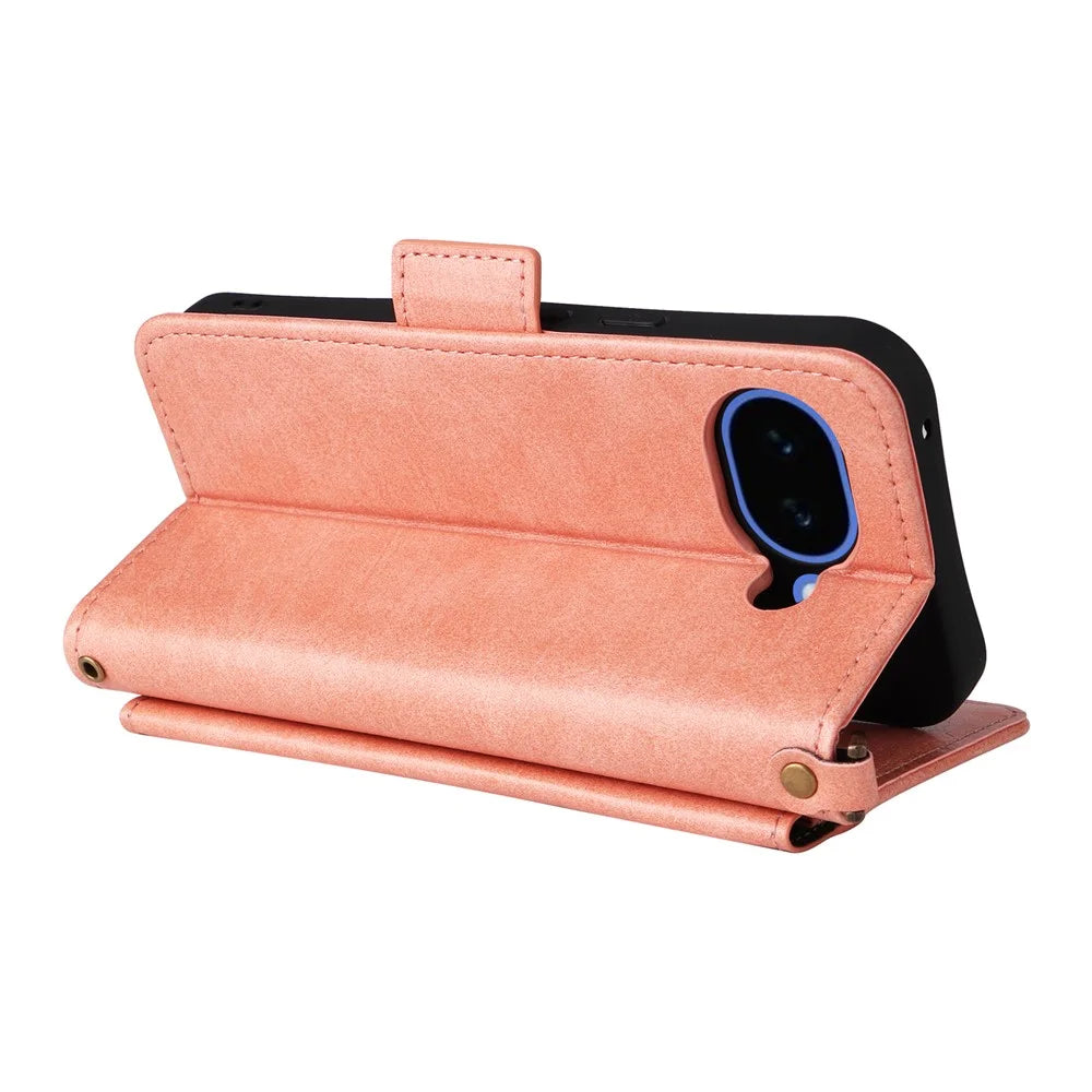 For Google Pixel 10a Leather Case Magnetic Closure Wallet Stand Phone Cover with Crossbody Strap - Pink - 5