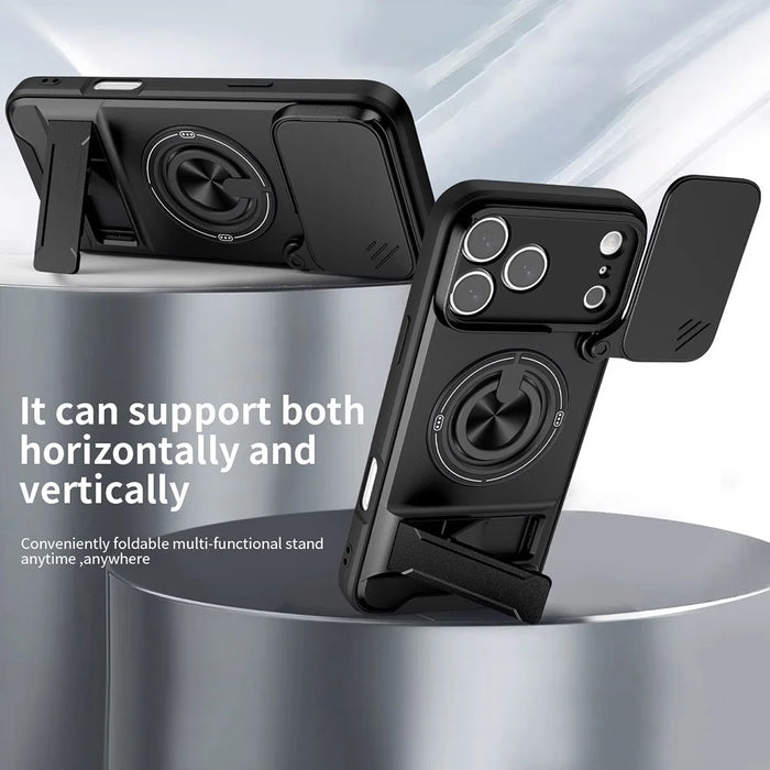 For iPhone 17 Pro Max Case Compatible with MagSafe Ring Holder Foldable Kickstand TPU PC Phone Cover with Camera Lens Slider - Black - 2