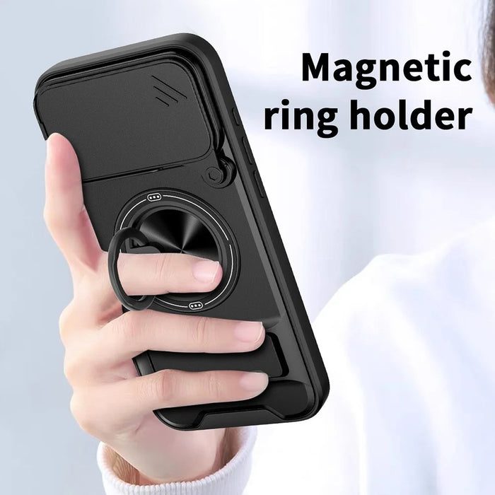 For iPhone 17 Pro Max Case Compatible with MagSafe Ring Holder Foldable Kickstand TPU PC Phone Cover with Camera Lens Slider - Black - 7