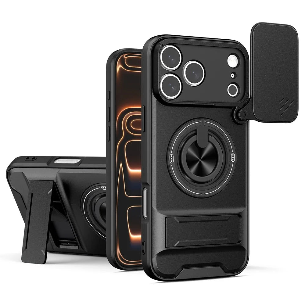 For iPhone 17 Pro Case Compatible with MagSafe Ring Holder Foldable Kickstand TPU PC Phone Cover with Camera Lens Slider - Black - 1