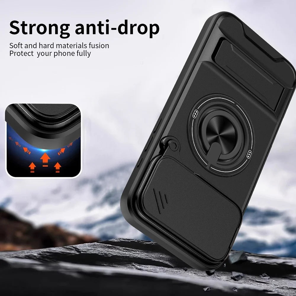 For iPhone 17 Pro Case Compatible with MagSafe Ring Holder Foldable Kickstand TPU PC Phone Cover with Camera Lens Slider - Black - 4