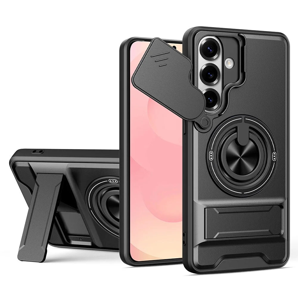 For Samsung Galaxy S26  /  S26 Pro Magnetic Case Ring Holder Foldable Kickstand TPU PC Phone Cover with Camera Lens Slider - Black - 1