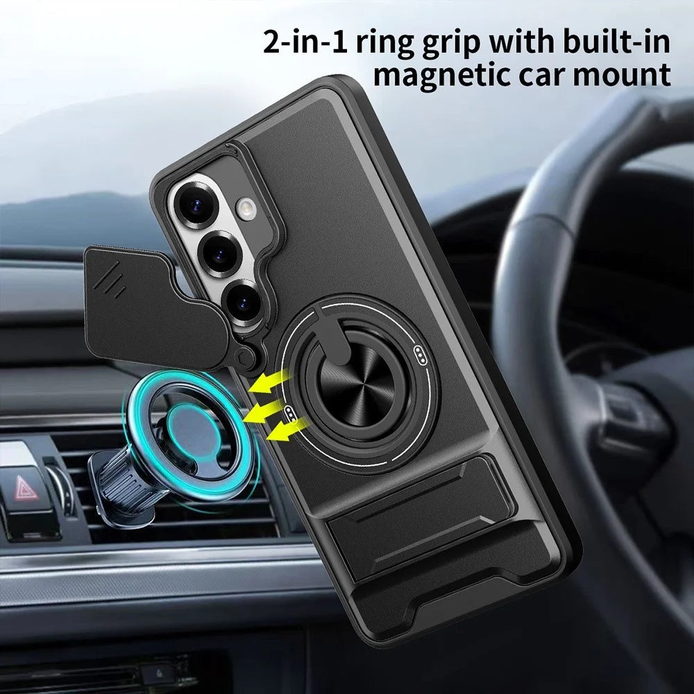For Samsung Galaxy S26  /  S26 Pro Magnetic Case Ring Holder Foldable Kickstand TPU PC Phone Cover with Camera Lens Slider - Black - 3