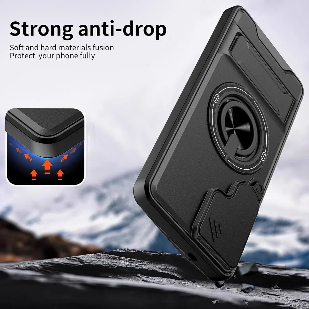 For Samsung Galaxy S26  /  S26 Pro Magnetic Case Ring Holder Foldable Kickstand TPU PC Phone Cover with Camera Lens Slider - Black - 4