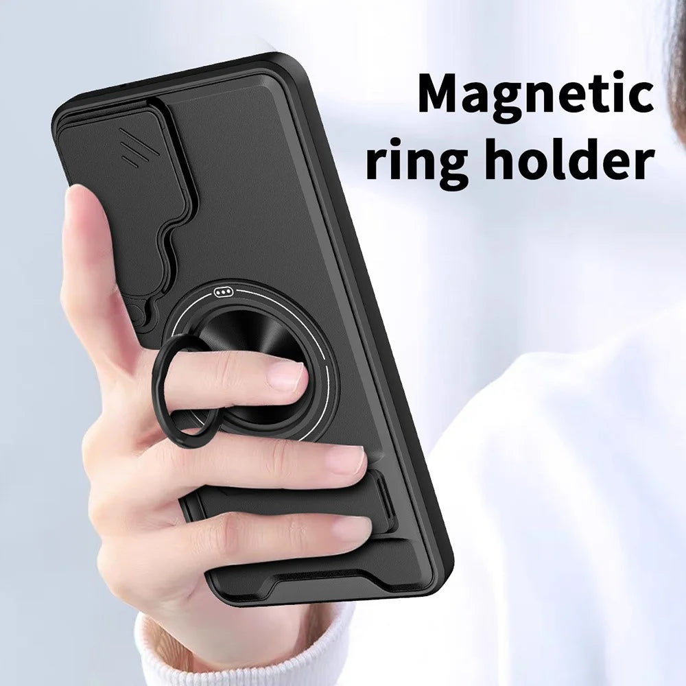 For Samsung Galaxy S26  /  S26 Pro Magnetic Case Ring Holder Foldable Kickstand TPU PC Phone Cover with Camera Lens Slider - Black - 6