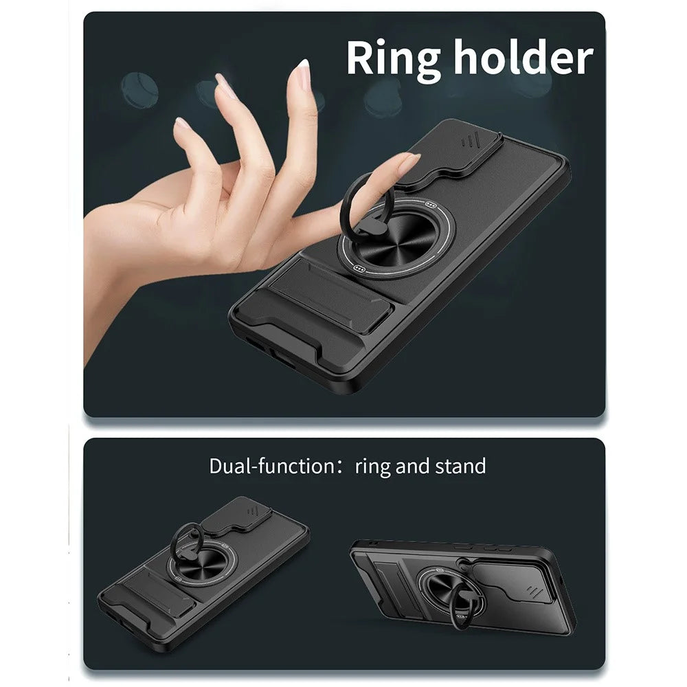 For Samsung Galaxy S26  /  S26 Pro Magnetic Case Ring Holder Foldable Kickstand TPU PC Phone Cover with Camera Lens Slider - Black - 7