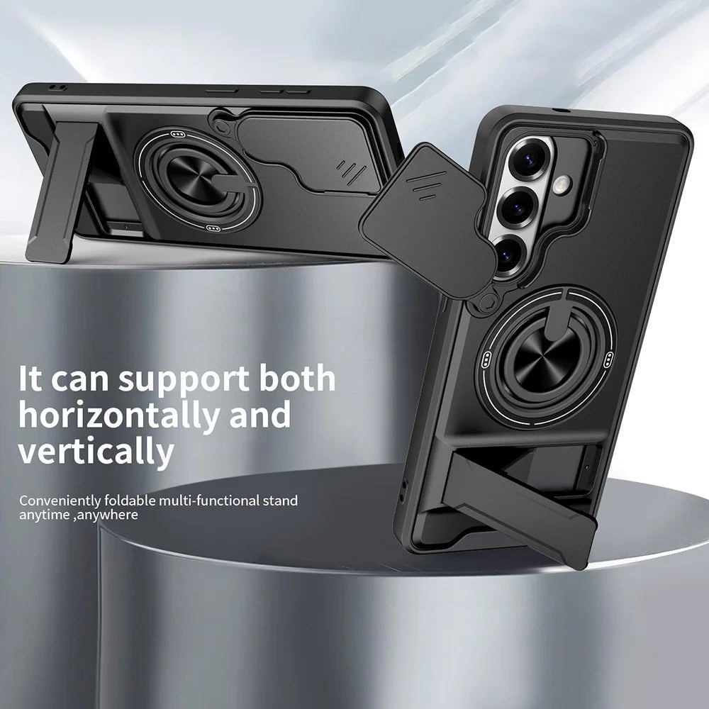 For Samsung Galaxy S26+ Magnetic Case Ring Holder Foldable Kickstand TPU PC Phone Cover with Camera Lens Slider - Black - 2