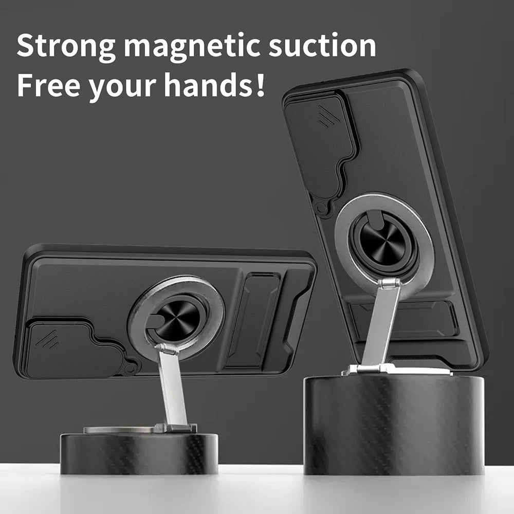 For Samsung Galaxy S26+ Magnetic Case Ring Holder Foldable Kickstand TPU PC Phone Cover with Camera Lens Slider - Black - 5