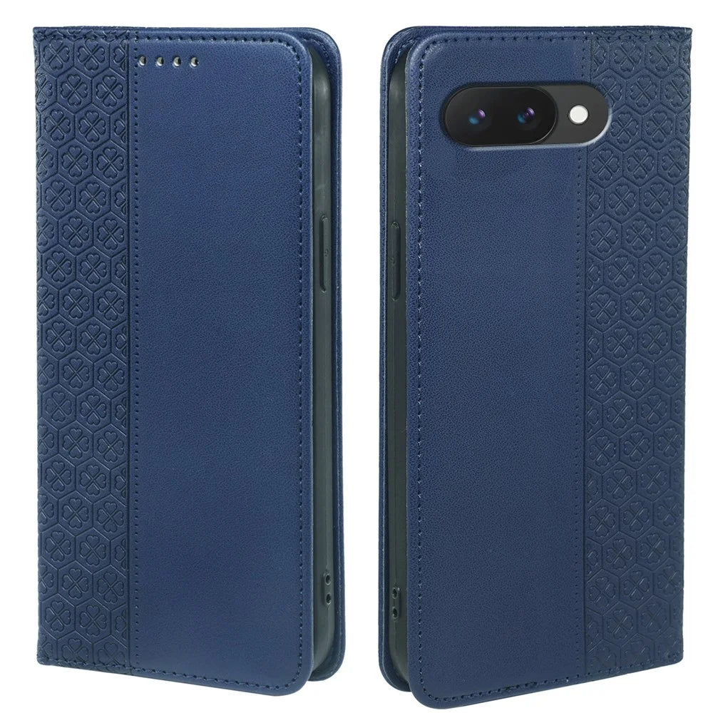 For Google Pixel 10a Case Four Leaf Clover Leather Flip Phone Cover Stand Wallet - Blue - 1