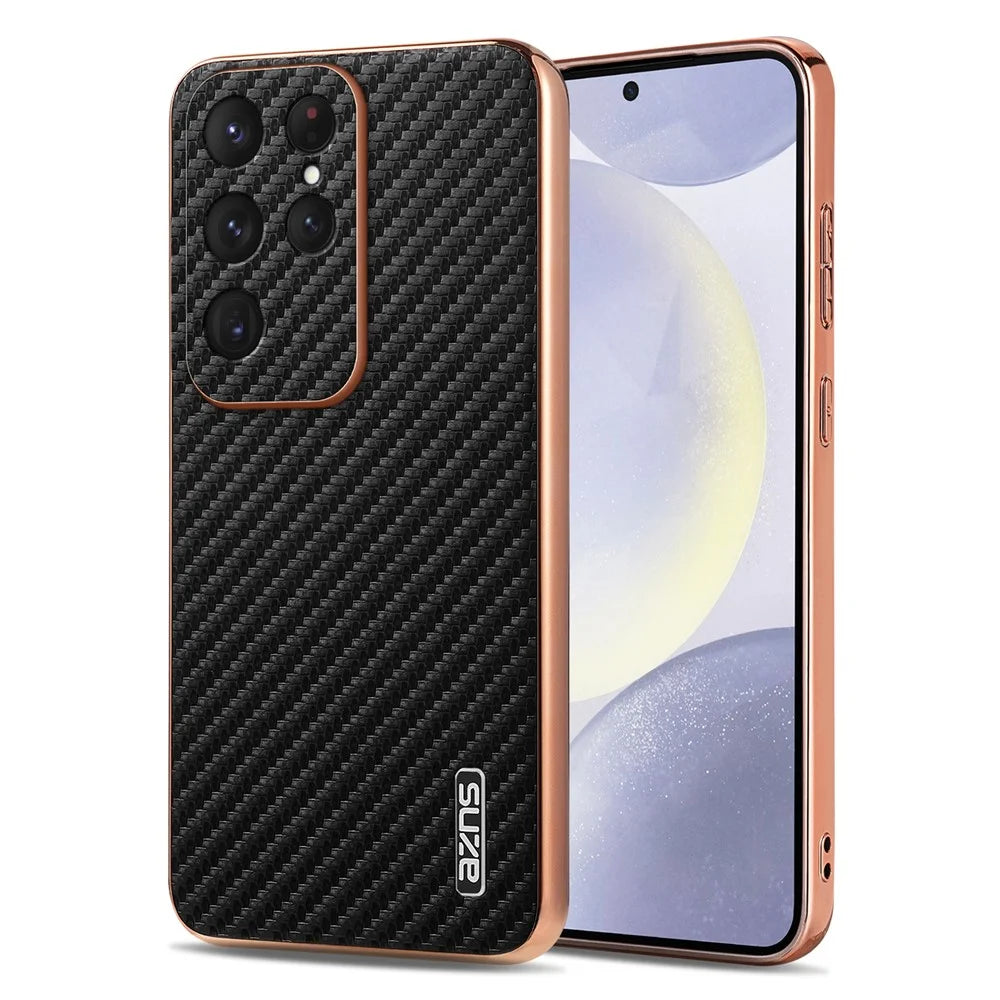 AZNS For Samsung Galaxy S26 Ultra Case Electroplating Carbon Fiber Texture PU + TPU Phone Cover - Black - 1