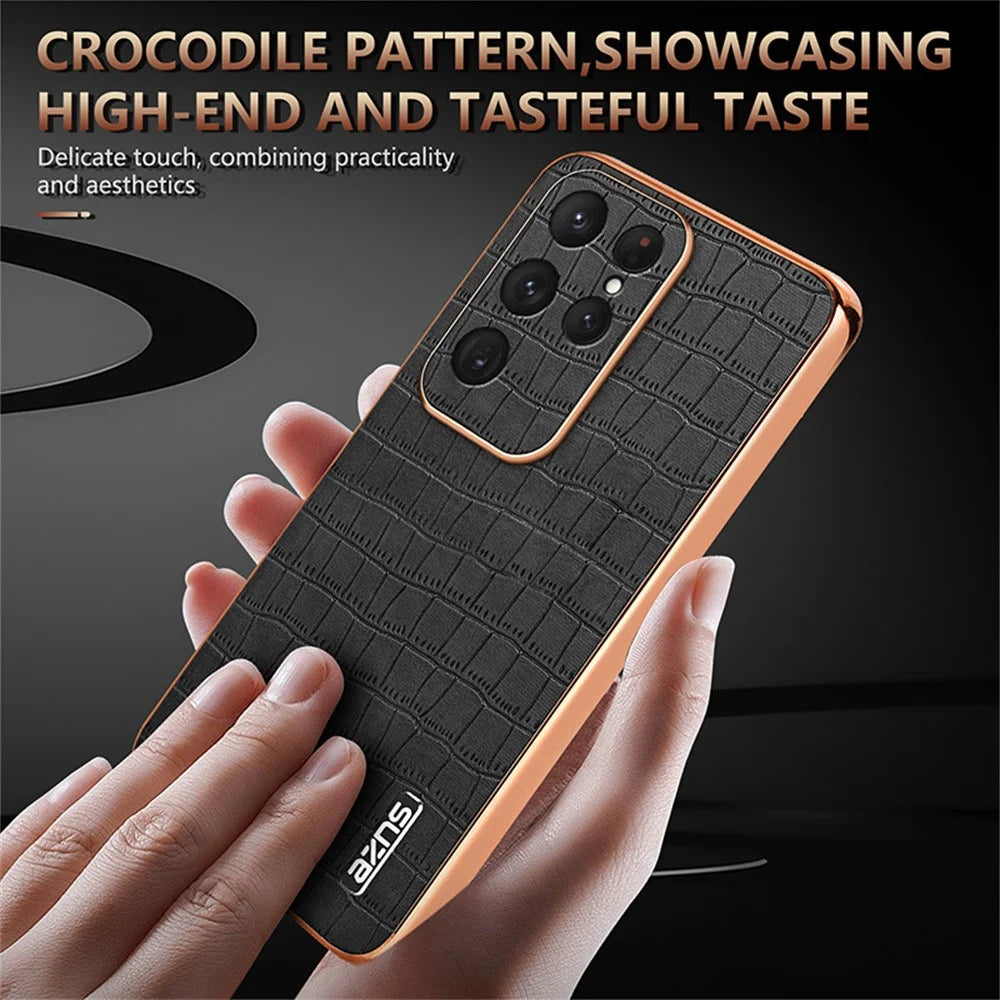 AZNS For Samsung Galaxy S26 Ultra Case Electroplating Crocodile Texture PU + TPU Phone Cover - Black - 6