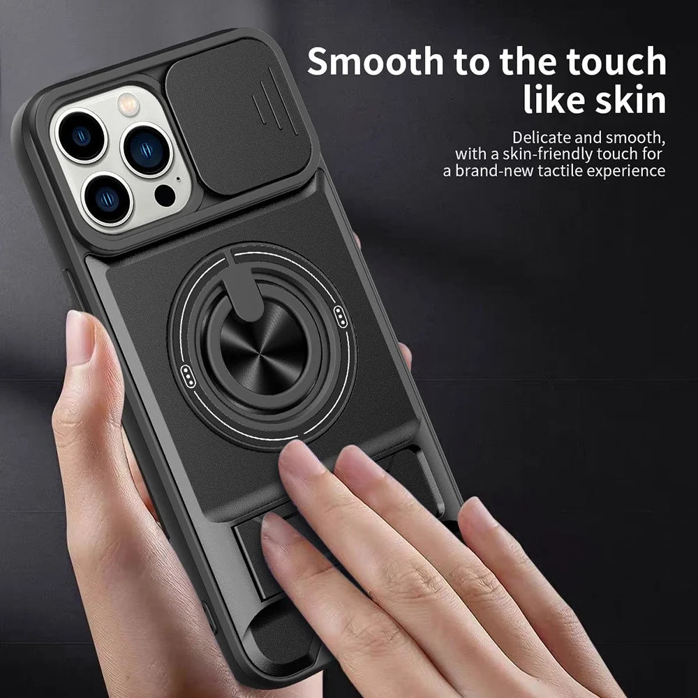 For iPhone 15 Pro Max Case Compatible with MagSafe Ring Holder Foldable Kickstand TPU PC Phone Cover with Camera Lens Slider - Black - 4