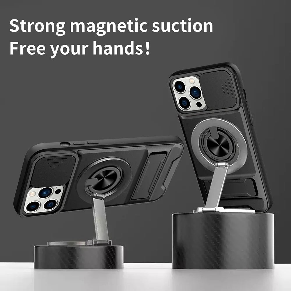 For iPhone 15 Pro Max Case Compatible with MagSafe Ring Holder Foldable Kickstand TPU PC Phone Cover with Camera Lens Slider - Black - 6