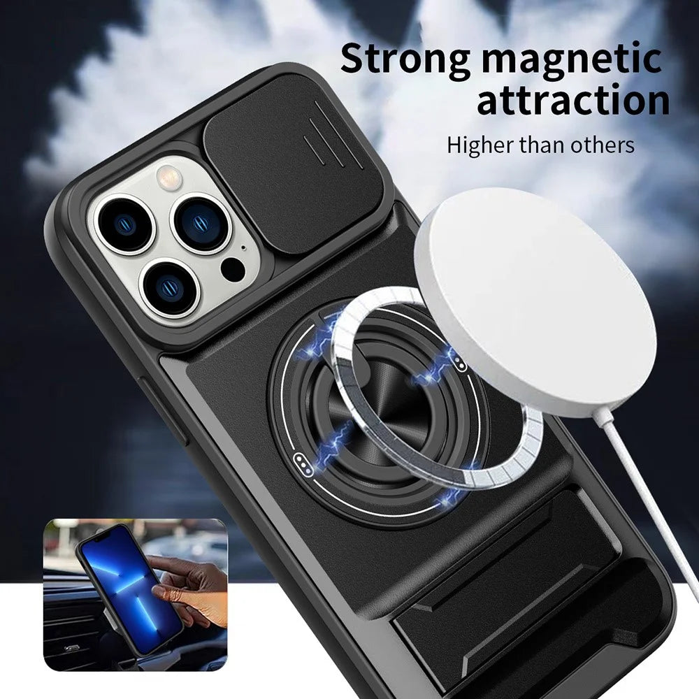 For iPhone 15 Pro Case Compatible with MagSafe Ring Holder Foldable Kickstand TPU PC Phone Cover with Camera Lens Slider - Black - 7