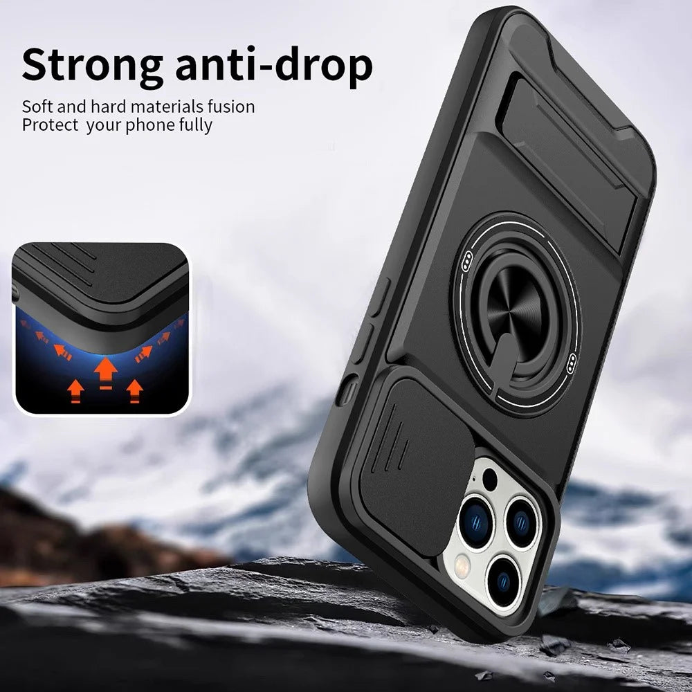 For iPhone 14 Pro Max Case Compatible with MagSafe Ring Holder Foldable Kickstand TPU PC Phone Cover with Camera Lens Slider - Black - 3