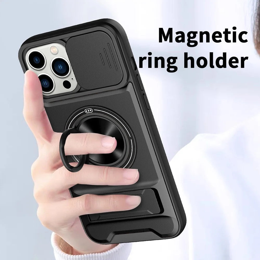 For iPhone 13 Pro Max Case Compatible with MagSafe Ring Holder Foldable Kickstand TPU PC Phone Cover with Camera Lens Slider - Black - 5