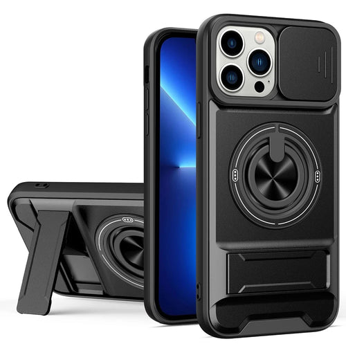 For iPhone 13 Pro Case Compatible with MagSafe Ring Holder Foldable Kickstand TPU PC Phone Cover with Camera Lens Slider - Black - 1
