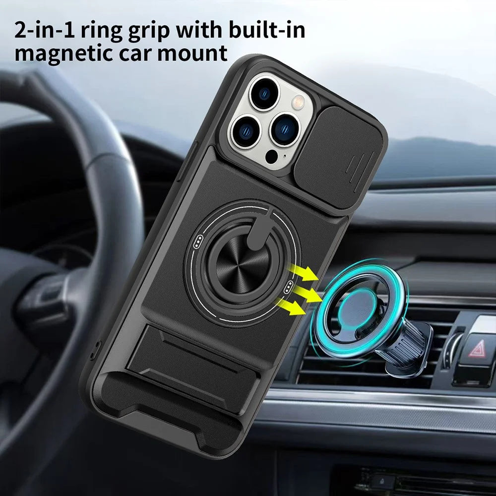 For iPhone 13 Pro Case Compatible with MagSafe Ring Holder Foldable Kickstand TPU PC Phone Cover with Camera Lens Slider - Black - 2