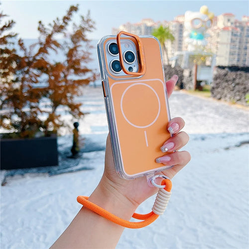 For iPhone 15 Pro Case Compatible with MagSafe Lens Kickstand TPU Acrylic Phone Cover with Matching Hand Strap - Orange - 1