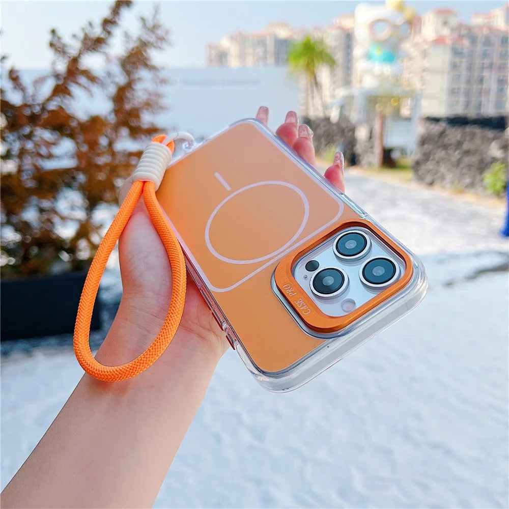 For iPhone 15 Pro Case Compatible with MagSafe Lens Kickstand TPU Acrylic Phone Cover with Matching Hand Strap - Orange - 2