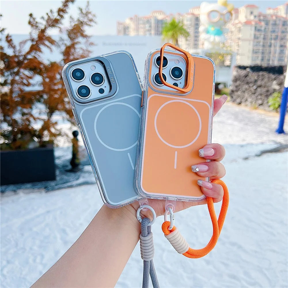 For iPhone 15 Pro Case Compatible with MagSafe Lens Kickstand TPU Acrylic Phone Cover with Matching Hand Strap - Orange - 3
