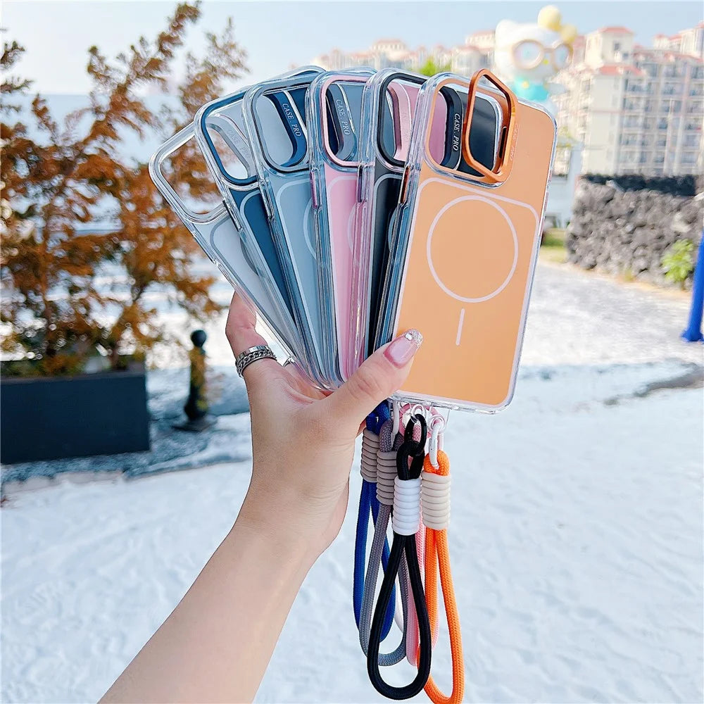 For iPhone 15 Pro Case Compatible with MagSafe Lens Kickstand TPU Acrylic Phone Cover with Matching Hand Strap - Orange - 4